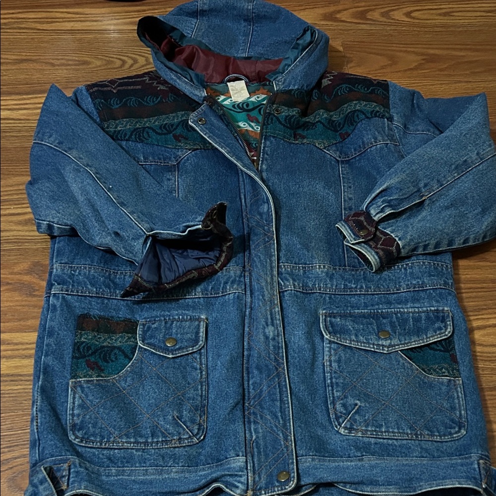 Vintage 90s Aztec Southwest Boho Oversized Denim Lined Outbrook‎ Womens L Coat